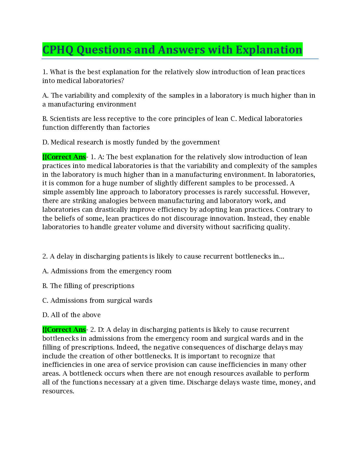 Preview image of CPHQ Questions and Answers with Explanation document